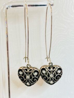 Heart Filigree Drop Earrings in Black and Silver